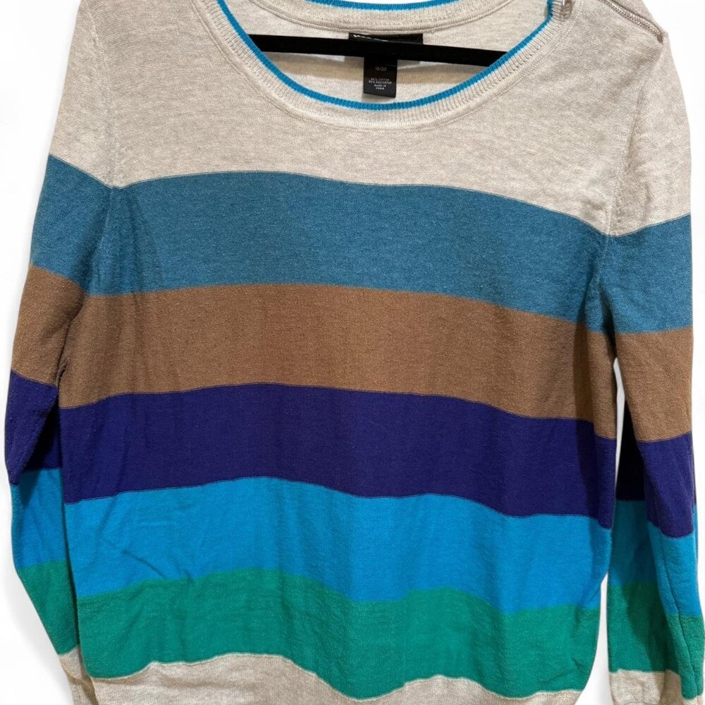 Lane Bryant Long Sleeved Grey Blue & Green Brown Striped Sweater w/Zipper Detail